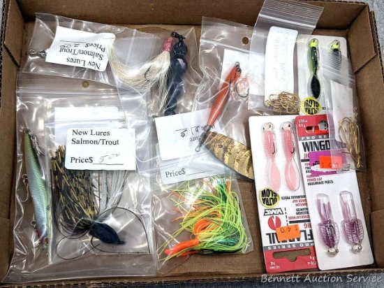 Fishing lures and fishing hooks. Lures incl 4" hard rattling lure, vintage Abu Spinnaren Reflex lure
