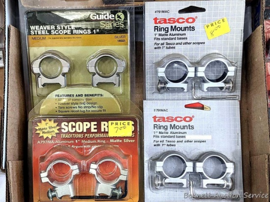 Four pairs of 1" scope ring mounts by Tasco, Guide Series, other. Guide Series is Weaver style.