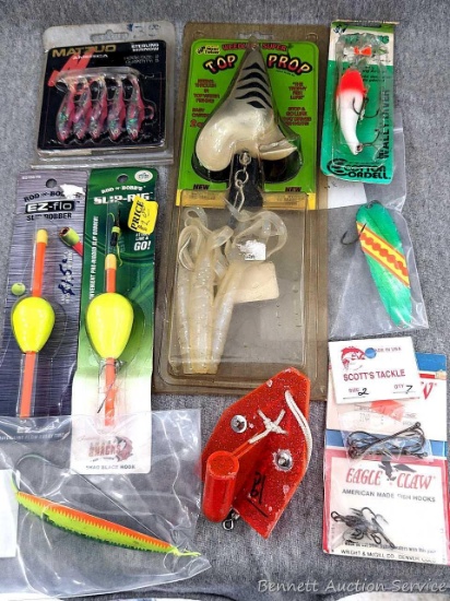 NIP Top Prop, Eagle Claw #6 bronze fish hooks, Matzuo America sterling minnows and more as pictured.