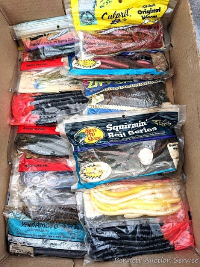 16" x 12" flat of soft plastic lures in bags. NIP incl Bass Pro Shops, Culprit, Zoom and more as