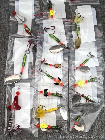 14 Various handcrafted inline spinner baits and lures.