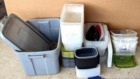 Assortment of storage bins, Sterilite and others, Shoebox size, Rubber maid totes up to 14 gallons.
