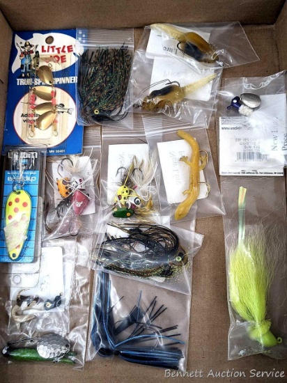 Assorted critter lures, true-spin spinner--NIP, 2-1/4" spoon --NIP, striper candy bucktail jig and