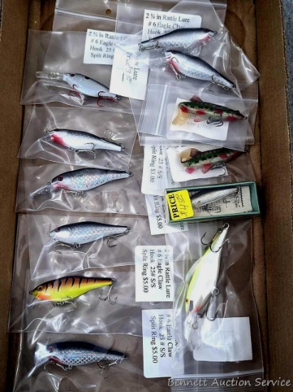 Plethora of rattle baits, 1 Rapala Wobbler and 1 Rapala Deep Runner.