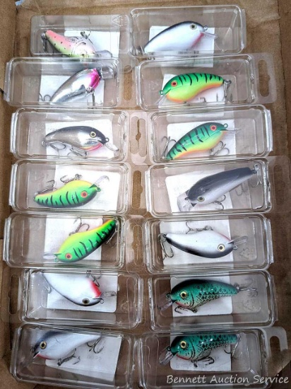 14 hard fishing lures, some or all rattle. All about 2-1/2" over body and tongue.
