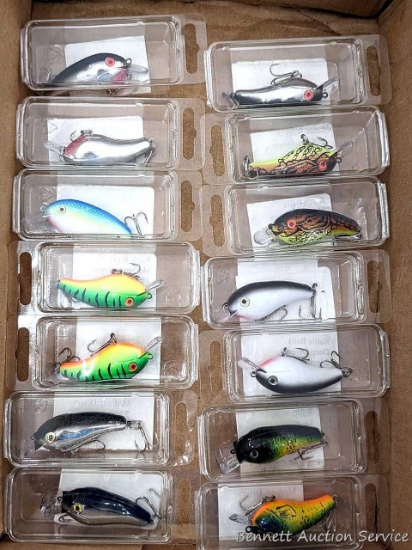 14 hard fishing lures, some or all rattle. All about 2-1/2" over body and tongue.