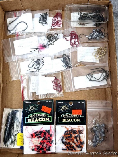 Fish hooks, jigs, fishing fly, Rod-N-Bob's after dark bobber beacons, Terminator Finesse jig. Hooks