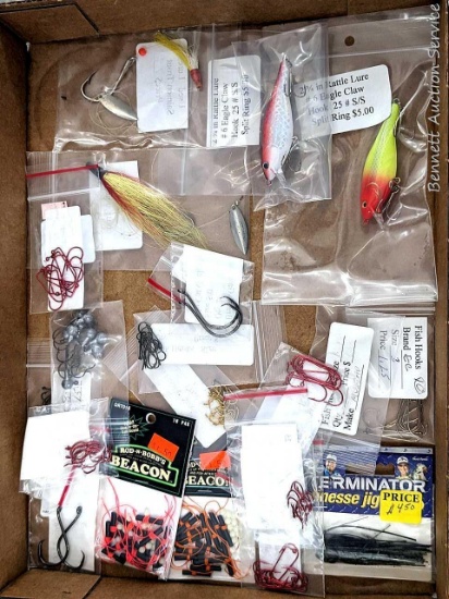 Fish hooks, jigs, fishing flies, rattling hard lures measuring 3" over body and tongue, Rod-N-Bob's