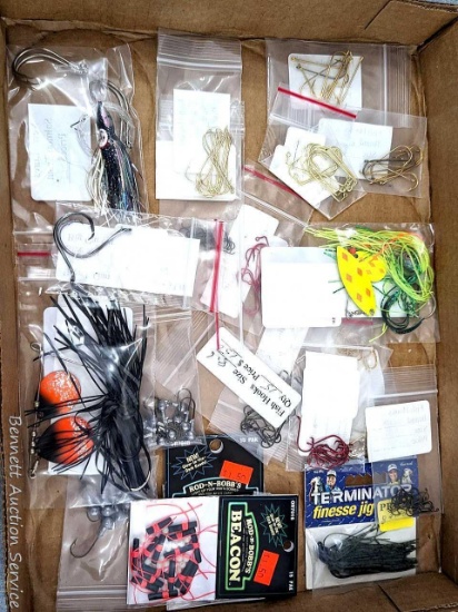 Fish hooks, jigs, spinner bait, Rod-N-Bob's after dark bobber beacons, Terminator Finesse jig. Hooks