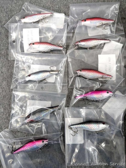 10 hard fishing lures, some or all rattle. All about 3-3/4" over body and tongue.