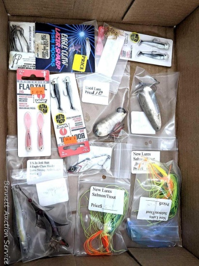 Vintage fishing lures, hard rattling lure, NIP Pro Series jigs, Eagle Claw Lazer Sharp fish hooks,