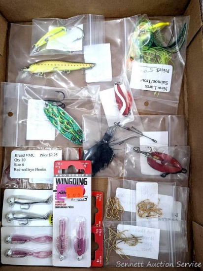Fishing lures and more up to 4" long incl NIP VMC jigs, hard rattling lure, Fiord Spoon, more. Also