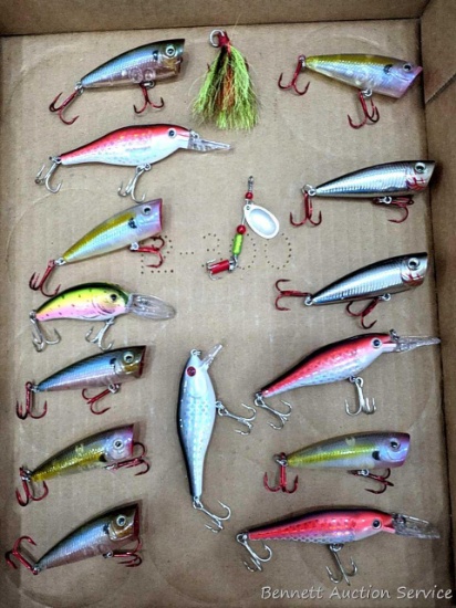 15 fishing lures, longer hard lures nearly 4". Some rattle.