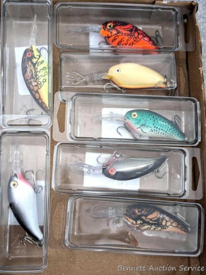 7 hard fishing lures are all about 4" over front clear piece and back of body. Seller notes some are