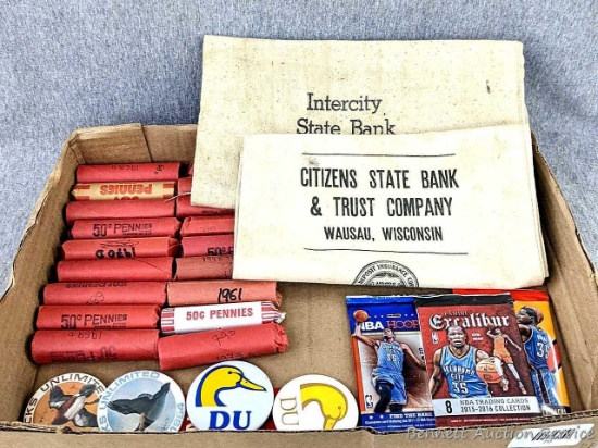 2 money bags for all of your wealth. Ducks Unlimited Button Pins, and wrapped pennies. First bank
