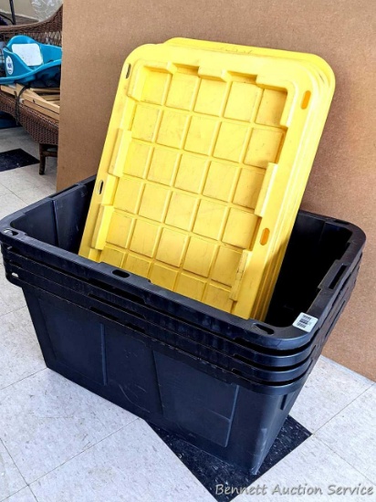 Four Greenmade 27 gallon professional grade storage bin with lids. Heavy duty quality.