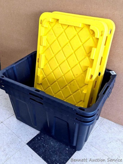 Three Bin Boss 27 gallon storage totes with lids. Nice quality.
