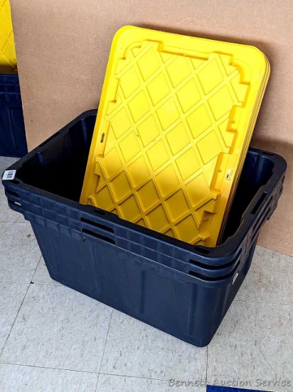 Three Bin Boss 27 gallon storage totes with lids. Nice quality.