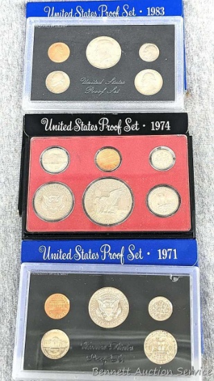 Trio of United States Proof Set, Years 1971, 1974, 1983. Each proof set measures 3-1/2" x 5-1/2"