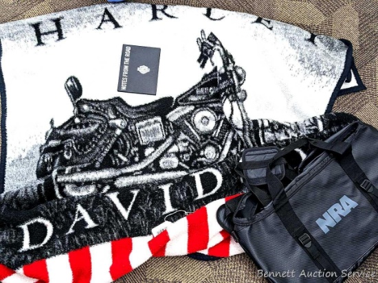 NRA duffel bag and Harley Davidson throw blanket with journal. Blanket measures approx 78" x 52" Bag