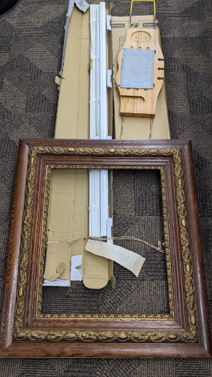 1-in cordless vinyl blind set measures 47-1/2" wide, white; ornate wooden frame measures 29-1/4"