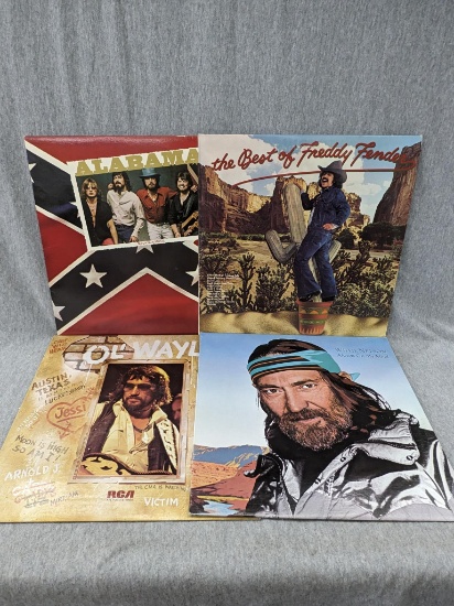 4 Classic Country LP Records incl Willie Nelson, Freddy Fender, Alabama, and Waylon Jennings