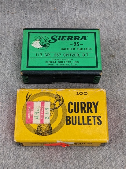 2 boxes of .25 caliber. 1 box is 117 grain Spitzer bullets and appear about half full, second box is