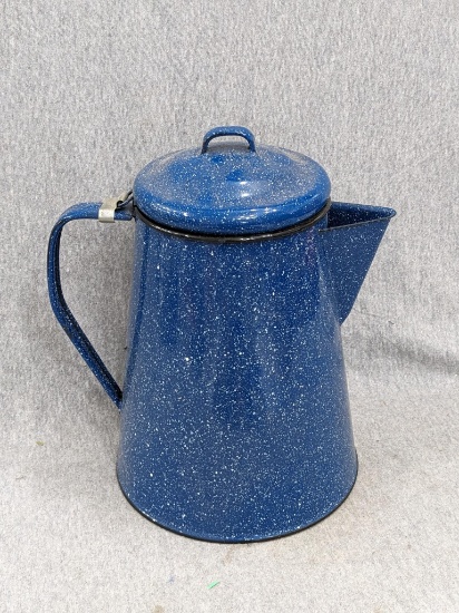 Blue Enamelware Coffee Percolator measures 10" tall. Nice condition. Add it to your outdoor cooking