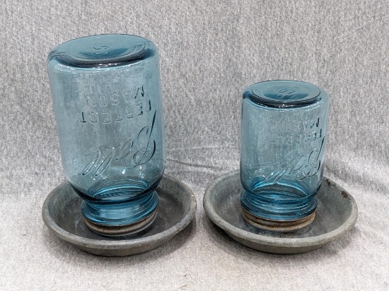 Duo of mason jar bird waterers. Larger is 7-1/2" tall, smaller is 5-1/2" tall. Very cute addition to