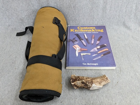 Book "Custom Knifemaking" by Tim McCreight, a knife roll case and a handle to handcraft your own