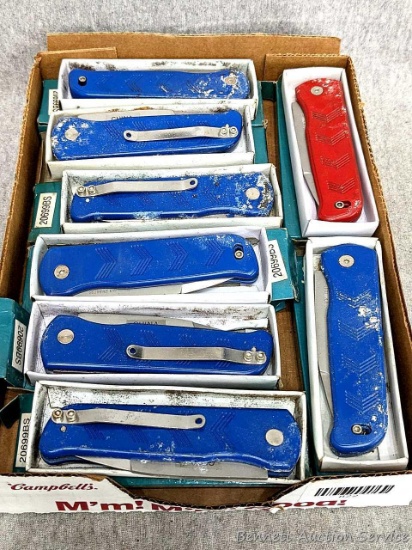 8 folding blade knives measure 8" long open. Blades are 440 stainless; blades are half serrated.