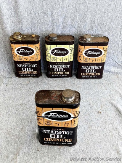 No shipping! Four vintage 1-pt Fiebing's Prime Neatsfoot Oil Compound. Tins measure 6" x 4" x 1-3/4"