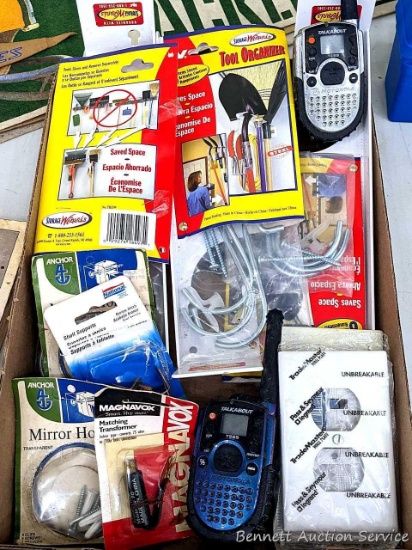 Assortment of items to organize your garage or she shed. Tool organizer, electrical socket plate