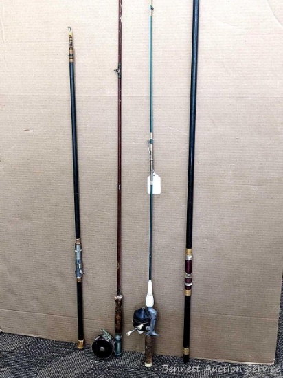 Four fishing poles incl. two collapsible fiberglass poles, larger extends to just over 12', part of