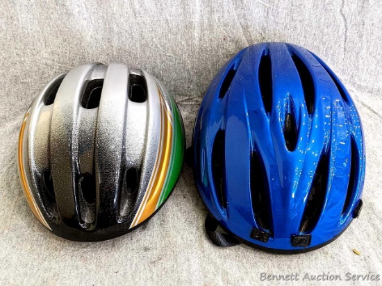 Pair of SafeTech bicycling helmets, size M & L, includes pads for proper fit. Large helmet comes