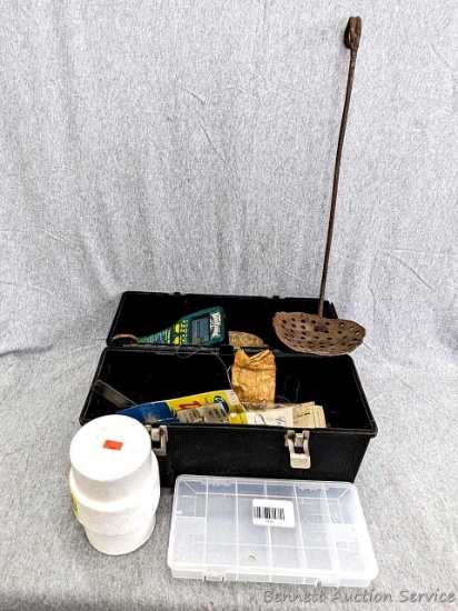 Vintage lunch box filled with fishing lures, hooks and other supplies. Includes vintage metal