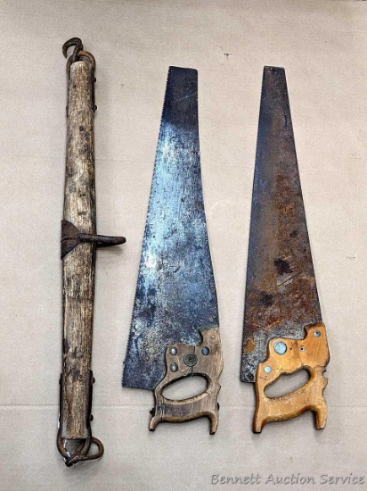 2 Vintage handsaws, longer measures 29-1/2" ; rustic wooden and iron horse or oxen single tree yoke.