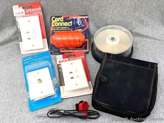 Recordable CDs, CD Holder, Cord connect, speaker and tv wall mount plates.