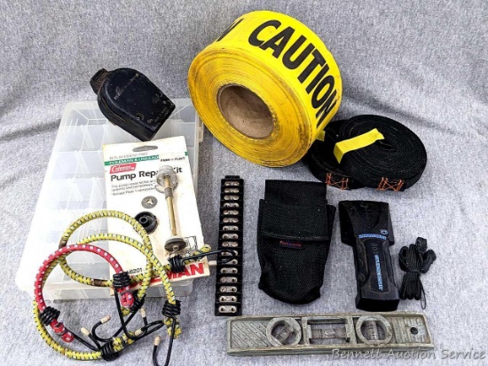 Zircon stud finder, lights up and works, Plano lure box measures 11" x 7" plus more for the junk