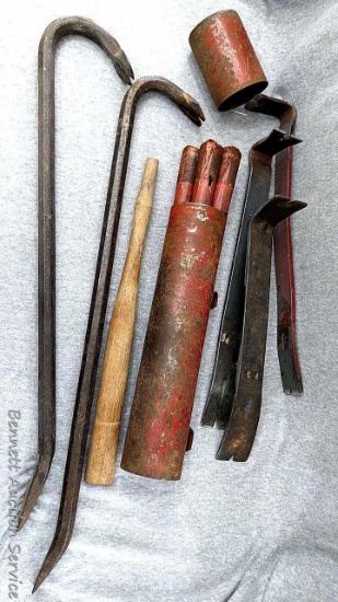 Crowbars and prybars longest is 24" and 4 road flares and metal case measures 12"