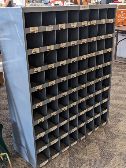 Metal nut and bolt bin with 72 holes measures 34" x 42" x 12"