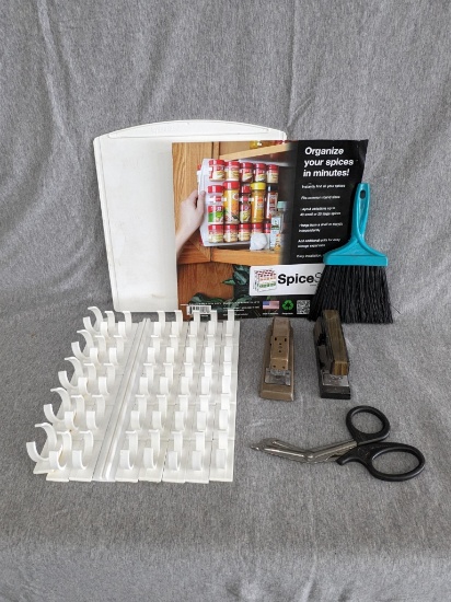 Spice rack organizer and holder with 40 clips measures approx 11" x 10-1/4" x 4-1/2" , 2 staplers