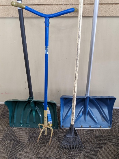 2 snow shovels. Head measures 17" wide; Garden Claw measures 40" tall, small rake.