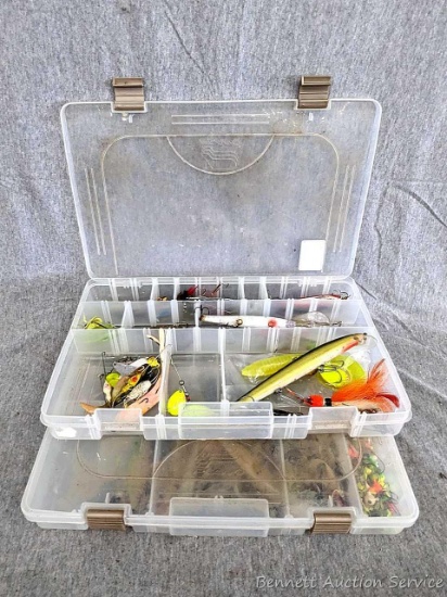 Two Plano fishing organizers with misc lures and baits. Organizers are 14" x 9" x 2".