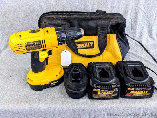 DeWalt cordless drill/driver model DC970 with two 1 hour chargers model 9116 and carrying bag and