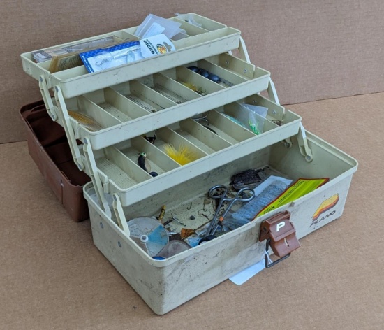 14" Plano fishing tackle box with contents incl Rapala, Bass Pro Shops, other lures; soft bait,