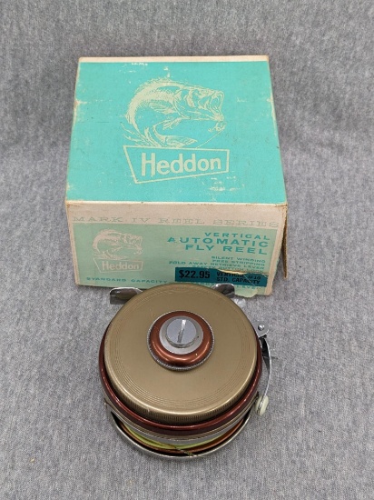 Vintage Heddon Mark IV Model 10 automatic fly fishing reel with original box and instructions. Paper