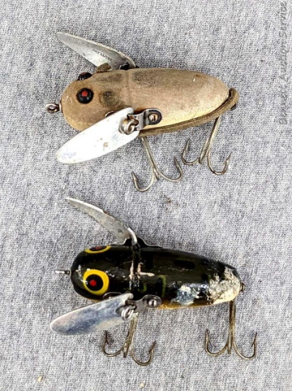 Antique Heddon Crazy Crawler mouse fishing lure, and an antique wooden Heddon Crazy Crawler fishing