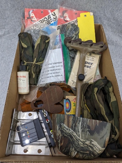 Will ship without liquid. Archery supplies incl vintage Plano Arroracks, 12" quiver, arrow clips,