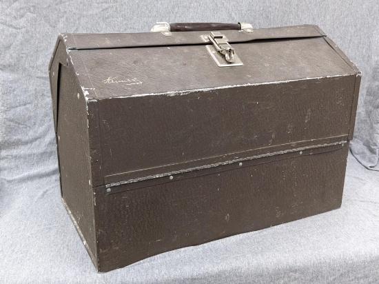 18" lockable Kennedy fishing tackle box is about 10" wide and 13" tall. Nice vintage tackle box in